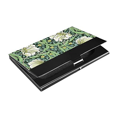 William Morris White Flowers, Yellow Flowers, Green Foliage Leaves Business Card Holder Leather, Slim Credit Card Case Stainless Steel Wallet for Women and Men Unisex Business Card Holder