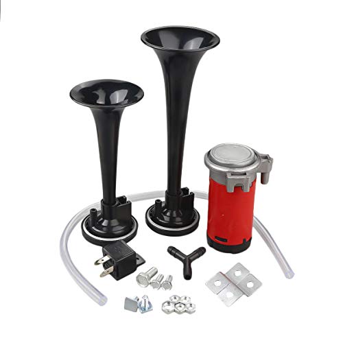 WholeFire Buzina de carro universal, duplo trompete buzina de ar de 12 V 178 dB, conjunto de buzina de ar de tom duplo, compressor de trompete para carro, camião, comboio, motocicleta, barcos, laxon