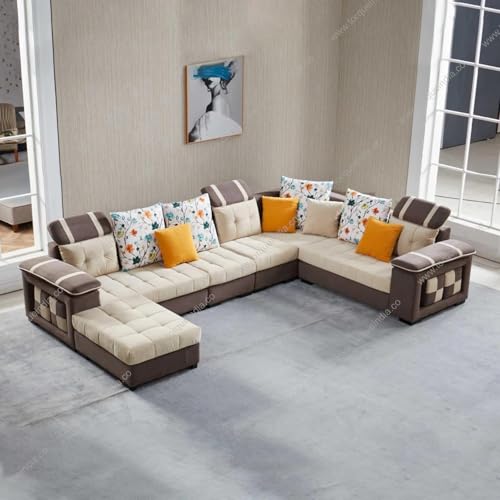 Image of Bristol 12 Seater Sofa Set for Living Room (Beige-Brown) | Interchangeable U Shape Sectional Sofa | Solid Wood Frame & High-Density Supersoft Foam | Includes Puffy & Stool | Modern Home Furniture
