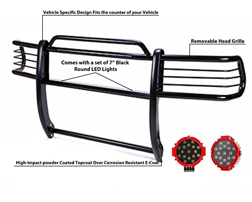 Image of Black Horse Grille brush Bumper Guard Modular Black Come With pair of 7.0 inchDia.LED Lights with Red Trim Rings Compatible with 2001-2005 Toyota RAV4-17TH26MA-PLR