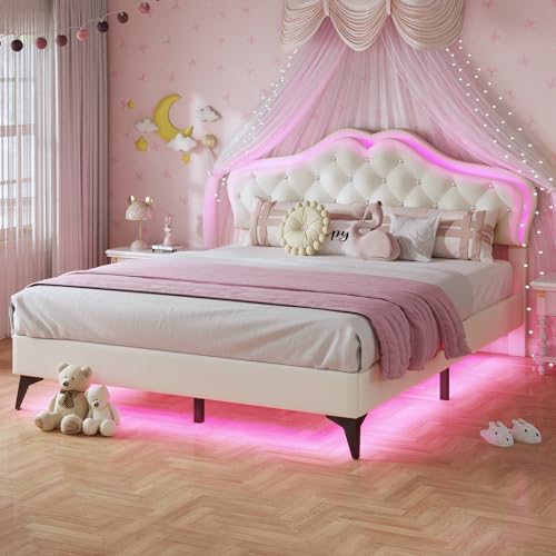 BTHFST Full Size Upholstered Bed Frame with LED Lights, Adjustable Headboard with Crystal Button, Princess Platform Bed for Girls, Solid Wood Slats Support, No Box Spring Needed, Beige