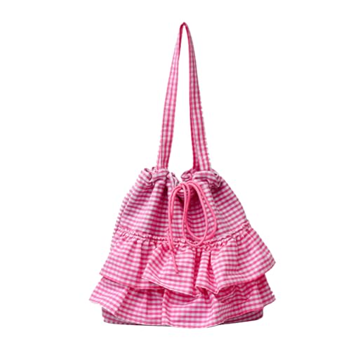 Women Lace Trim Shoulder Bag Large Capacity Soft Ruffles Drawstring Handbag Wear Resist Versatile Bucket Bag Floral Printed T