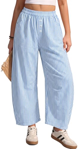 TARSE Womens Gingham Barrel Pants Wide Leg Casual Trousers | Lightweight Linen Bland, Striped Loose High Waist Pants with Pocket, Lounge Textured Cute Pants, Summer Outfits