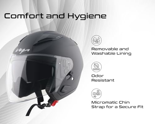 Image of Vega VO 03 Swift Dual Visor Open Face Motorcycle Helmet with Matte Shock-Absorbing Shell, Comfortable Interior, Ventilated Fit, Trendy Dull Black Finish Dull Black L