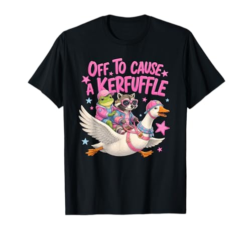 Off to Cause A Kerfuffle Frog Raccoon Riding Goose T-Shirt