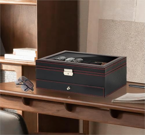 Kukikan Watch Jewelry Box Organizer, 6-Slot 2-Layer Watch Case and Sunglasses Storage with Large Glass Lid, Men\'s Jewelry Box with Lock, Watch Holder Display Case, Valentine\'s Gift for Men Women