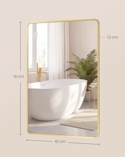 SONGMICS Specchio Bagno, Specchio da Parete, Rettangolare, Cornice in Alluminio, 91 x 61 cm, Pellicola di Sicurezza, 2 Opzioni di Sospensione, Soggiorno Camera da Letto, Oro Pallido LWM010AB01 - Immagine 4
