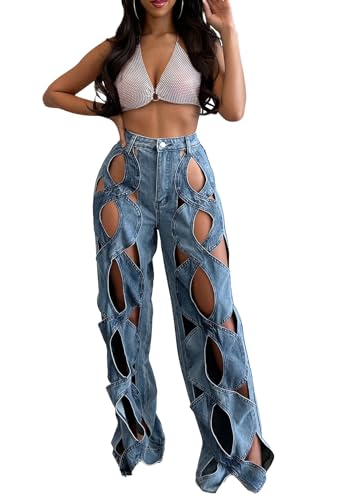 Unybwonn Women's Distressed Denim Pants High Waist Stretch Baggy Jean Straight Ripped Cargo Pants with Pockets