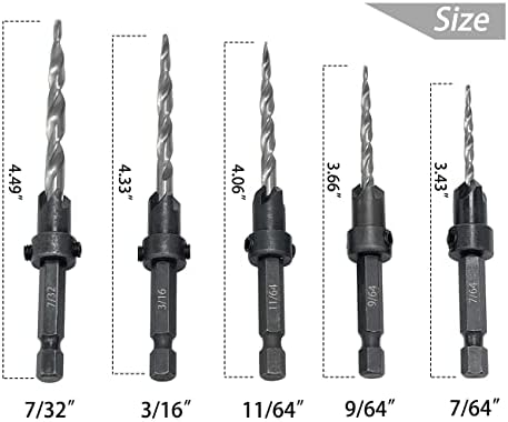 Saipor 5pcs Wood Tapered Countersink Drill Bit Set Hex Shank Screw Drill Counter Sink Bit 7/64", 9/64",11/64", 3/16", 7/32" Adjustable Drilling Tool Kit on Pilot Counter Sinker Hole for Woodworking
