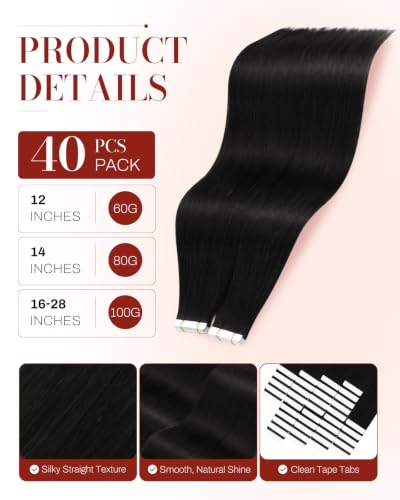 Image of Moresoo Natural Black Long Tape in Hair Extensions, 28 Inch, 40Pcs, 100g | Tape hair extensions real human hair, ultra-long strands, skin weft tabs, braids, ponytails, travel and event styling