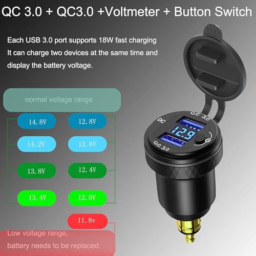 Image of Hella Din Motorcycle USB Charger (NOT for Car Cigarette Socket) - Dual USB-A QC3.0 18W Waterproof Charger w /Switch & Voltmeter for BMW Ducati Triumph
