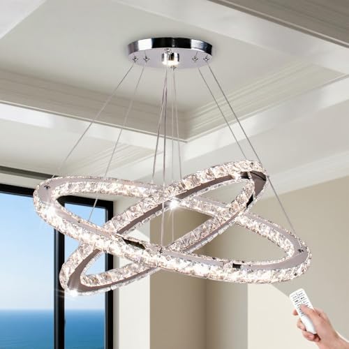 Jenvkoil Modern Crystal Chandelier LED Dimmable Flush Mount Ceiling Light 58W Adjustable Hanging Lamp Light Fixture for Dining Room Living Room Staircase
