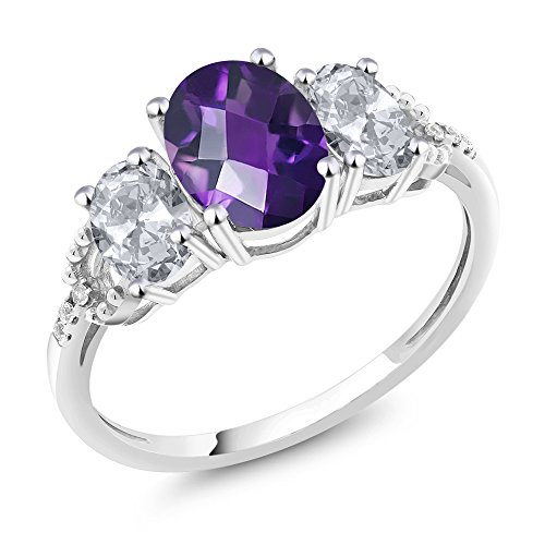 Gem Stone King 10K White Gold Checkerboard Purple Amethyst and White Topaz and Diamond Accent 3 Stone Women's Engagement Ring (2.05 Cttw, Gemstone Birthstone, Available In Size 5, 6, 7, 8, 9)