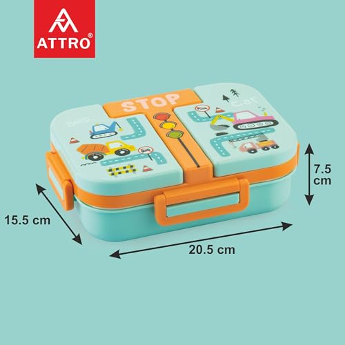 Image of ATTRO Tangy Bite Stainless Steel Lunch Box - 3 Compartment Bento Tiffin, Leak-Proof & Durable, Plastic Spoon, Ideal for Kids, School, Picnic- Orange Blue-600ml- Car Theme
