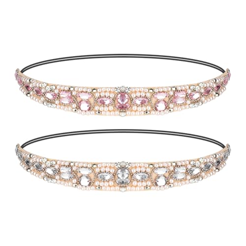 Amariver Headband for Women 2 Pieces Rhinestone Beaded Headbands Crystal Hairbands Elastic Hair Bands Sparkly Diamond Head Band Fashion Hair Accessories for Woman Girls