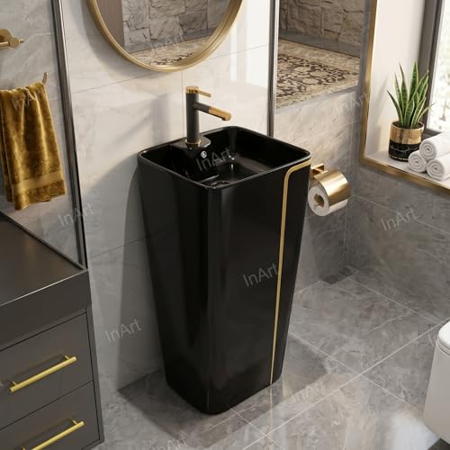 Image of InArt One Piece Ceramic Pedestal Free Standing Round Wash Basin for Living Room and Bathroom (17 x 14 x 34 Inch, Black Matt)