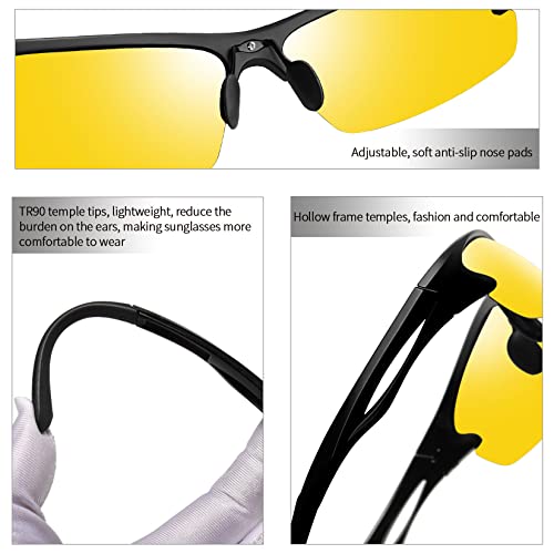 Half Frame Sports Night Driving Glasses, Trendy Semi Rimless Wrap Around Night Vision Glasses, Vintage Tr90 Uv400 Rectangular Battle Vision Shades For Men Women Cycling Bicycling (Matte Black Yellow) #TOP4