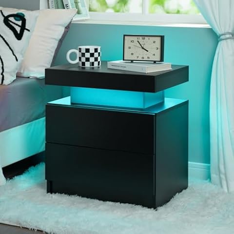i-aplus Black Night Stand LED Nightstand with 2 Drawers Modern Bedside Tables for Bedroom, Living Room Cover