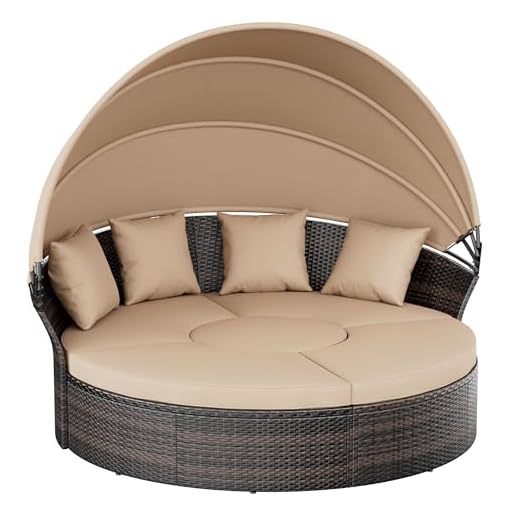Crownland Round Outdoor Daybed with Retractable Canopy,Patio Daybed with Washable Cushions, Clamshell Sectional Seating, Wicker Furniture for Patio, Garden, Pool (Light Brown)