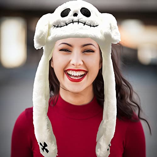 Ear Moving Jumping Hat Funny Plush Ghost Hat Unisex Earflaps Movable Ears Hat Cosplay Halloween Christmas Party Hat (White) #TOP2