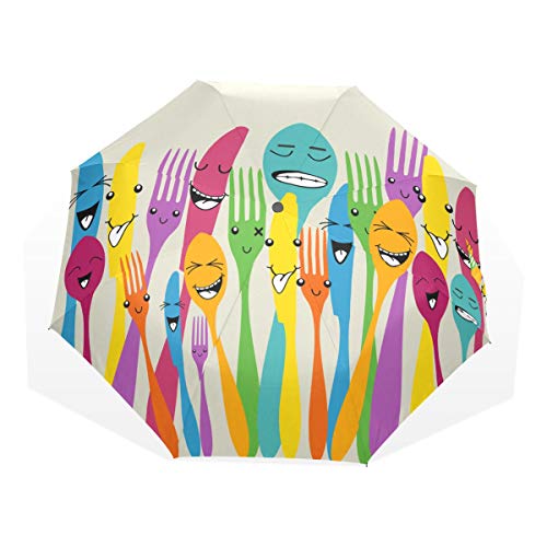 Preisvergleich Produktbild Kompakter Regenschirm Niedliches Messer- und Gabel-Esswerkzeug 3 Faltbare Kunstschirme (Außendruck Leichter Regenschirm für Reisen Kompakter Sonnenschirm Leichter kompakter Regenschirm