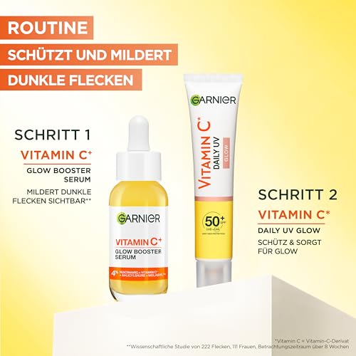 Garnier Vitamin C Tägliches Sonnenfluid, LSF 50+, Schützt und korriegiert Schäden durch die Sonne, Gleicht den Hautton aus, Für Gesicht & Hals, Vegan, Für alle Hauttypen, Daily UV Glow, 40 ml