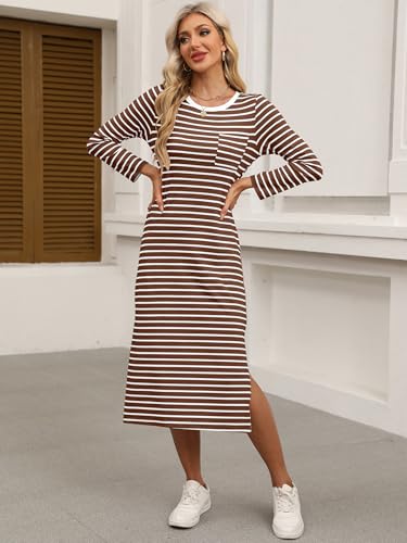 Image of ANRABESS Womens 3 /4 Sleeve Midi T Shirt Fall Dresses | Striped Solid Floral,Long Sleeve Slit Crew Neck &Chest Pocket,2026 Fall Outfits,Casual Travel Vacation Clothes,Summer Spring