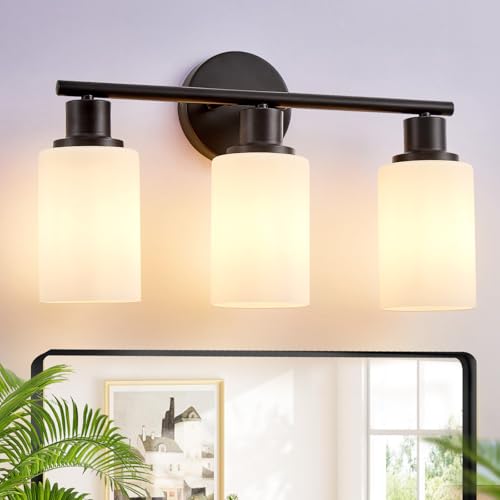 Image of DLLT 3-Light Bathroom Light Fixtures: Black Modern Vanity Lights with E26 Bulbs - Milky White Glass Shade Bathroom Wall Lamp for Mirror Kitchen Living Room Hallway Cabinet Porch