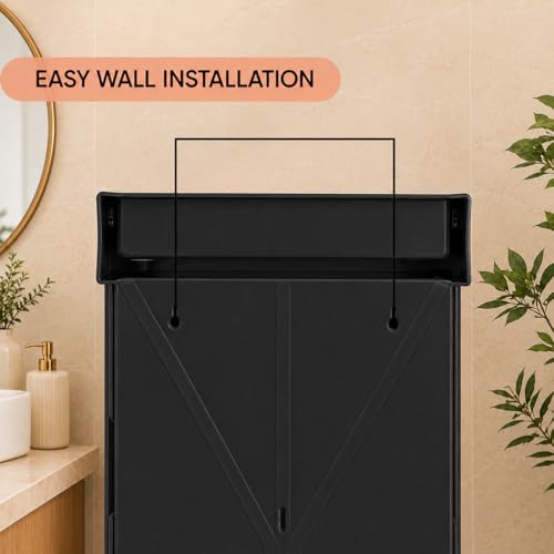 Image of CIPLA PLAST Rich Look Plastic Wall-Mounted Bathroom Mirror Cabinet with Storage Shelves, Single Door, Bathroom Mirror Cabinet with Towel Holder | (Black)