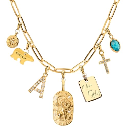 MignonandMignon Custom Gold Charm Necklace Personalized Gifts for Mom from Daughter, Grandma Necklace Engravable Charms, Unique Jewelry Gift for Her -P-CHARM-MIX-N