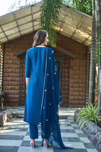 Image of GoSriKi Women's Cotton Blend Embroidered Kurta Set with Pant & Dupatta - Straight Calf‑Length, 3 /4 Sleeve, Round Neck - Elegant Ethnic Attire (5 Colors, S-5XL)