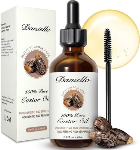 Daniello 100% Pure, Organic Castor Oil, Cold Pressed (2oz) Hexane Free in Glass Bottle. Fast Absorbing, for Hair, Eyebrows, Eyelashes, Nails and Beards. Stimulates Growth and Natural Skin Moisturizer