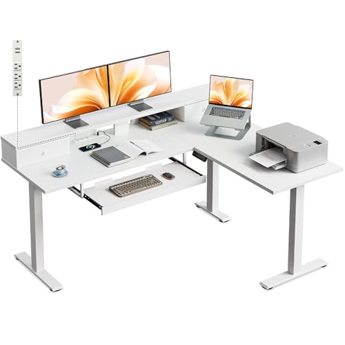 Image of Casaottima 59 Inch Electric L-Shaped Standing Desk with Drawers, Height Adjustable Stand Up Corner Desk with Monitor Stand & Keyboard Tray, Lift Table for Home Office, Workstation, White