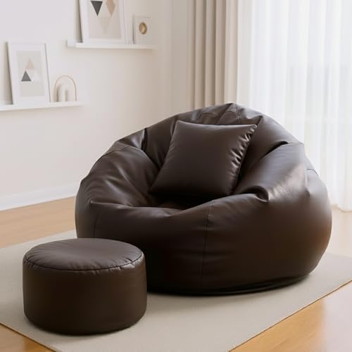 Image of Biggie Bean Faux Leather Bag with Beans Filled XXXXL Bean Bag Orginal Sacks-Bean Bag with Cushion and Footrest-Official:Plush Combo Range-Comfort Level:Basic-(Matching Cushion Round:Brown)