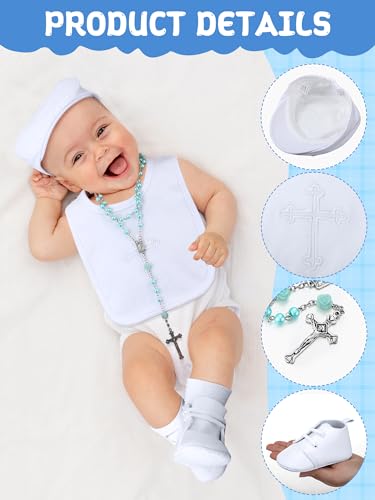 5 Pcs Baptism Gifts for Baby Boys Include White Embroidered Cross Bib Christening Socks Shoes Baptism Hat and Rosary christening outfits for Boys Toddler Infant First Communion Gift3