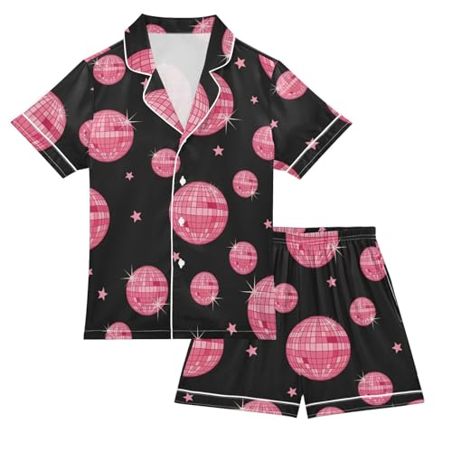 Satin Pajama Sets Short Sleeve Pink Disco Balls Pattern Button Down Silky Nightwear 2 Piece PJS 5-14Y