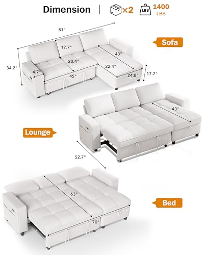 Image of Vipbear 81 inch Modular Sectional Sleeper Sofa with Pull Out Bed, L Shaped Couch with Reclining Backrest, Reversible Storage Chaise, USB Ports, Tool-Free Assembly, Chenille Beige