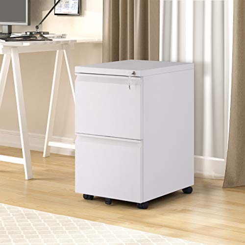 2 Drawer Locking File Cabinet With Wheels, Mobile Metal Filing Cabinet For Home And Office, Steel, White #TOP6