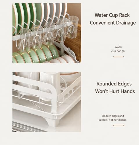 Image of HomeCloud 2 Tier Large Dish Drying Stand, Kitchen Dish Drainer with 360 Flexible Draining Board for Counter - Sink Drainer with Drip Tray, Utensil Holder, Cup Organizer (White)