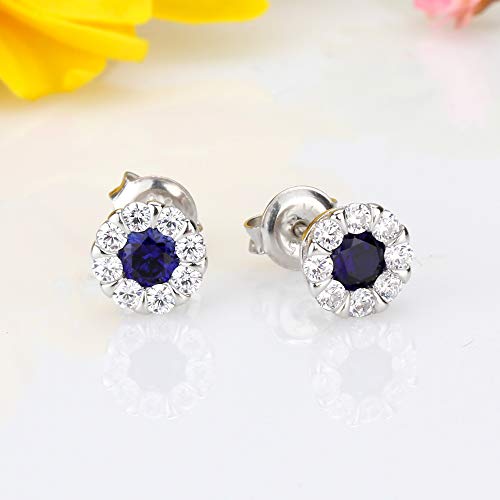 Platinum Plated Sterling Silver Cubic Zirconia Illusion Set Womens Stud Earrings (Blue) #TOP1