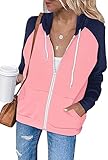 Ezbelle Cardigan Women's Fall Color Block Long Sleeve Casual Zip Up Hoodies Tops Sweatshirts Pockets Jacket Pink Navy Blue L