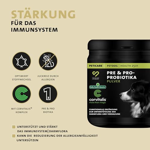 Peticare Probiotika & Präbiotika Pulver für Hunde | Immunsystem stärken, Darmsanierung, Darmflora aufbauen | bei Allergie-Anfälligkeit & Juckreiz | natürliches Ergänzungsfutter - petDog Health 2501