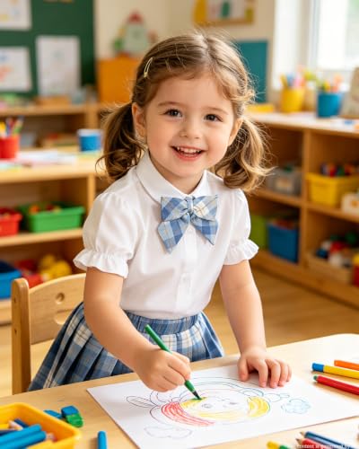Image of Betusline Girls Skirt Set JK School Uniform 2-Piece Outfit - Short Sleeve Shirt with Bow & Pleated Skirt 4T-14Y