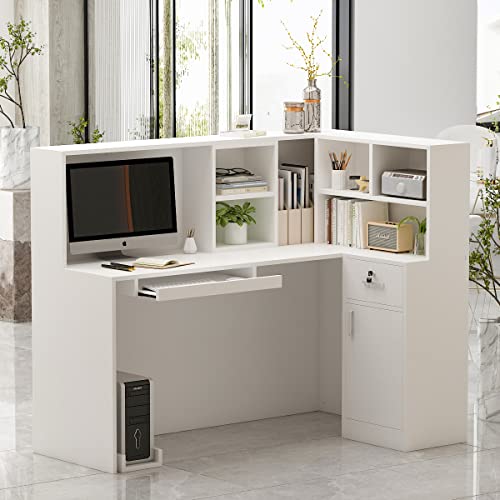 Aiegle Reception Desk With Counter Drawers & Storage Shelves, L-Shaped Reception Counter Table For Salon Reception Room Checkout Office, White (55.9" L X 32.3" W X 48.4" H) #TOP1