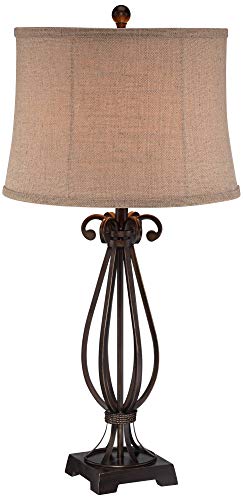 Regency Hill Taos Traditional Style Table Lamp 32" Tall Iron Open Scroll Metal Base Neutral Burlap Fabric Shade Decor For Living Room Bedroom House Bedside Nightstand Home Office Entryway #TOP27