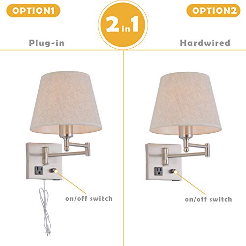 Bedside Wall Mount Light With Dimmable Switch And Outlet, Swing Arm Fabric Shade Wall Sconce Light With Usb Port And Plug In Cord, Satin Nickel Wall Lamp For Bedroom, Living Room And Hotel #TOP2