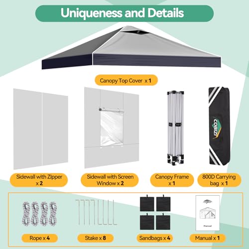 Image of COBIZI 10x10 Pop Up Canopy Tent with Sidewall,Outdoor Canopy,Light Gray