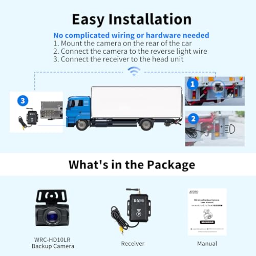 Image of ATOTO Wireless Backup Camera, 140 Wide Viewing Angle, AHD 720P with Night Vision, Stable Signal Transmission Rear View Camera for Cars /SUVs /Trucks, WRC-HD10LR