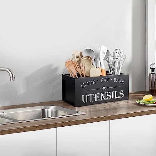 Image of Suli Extra Large Kitchen Utensils Holder with 4 Compartments, Wooden Utensil Organizer for Kitchen Countertop, Farmhouse Kitchen Decor, Rustic Cooking Utensil - Black