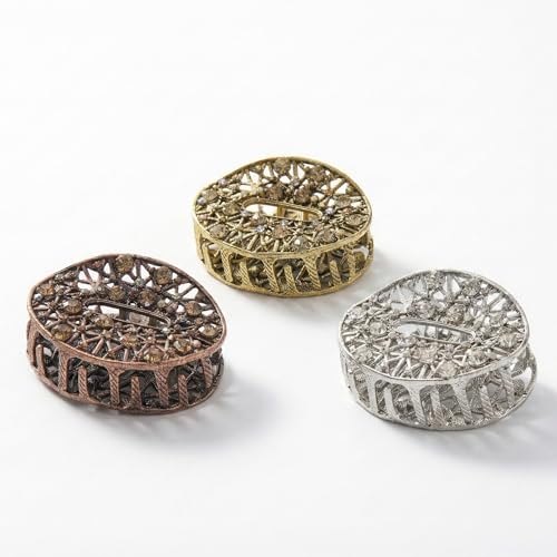 Image of Radhu & Kabby Metal Round Stone Hair Claw Clip Pack | Gold, Silver & Rose Gold Stylish Oval Crystal Claw Clips for Women | Strong Grip Vintage Rhinestone Hair Accessories | Pack of 3